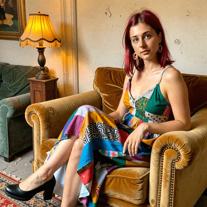 Emma-Jane MacKinnon-Lee wearing a patchwork vintage dress